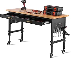 VEVOR 60" Adjustable Workbench, 1500 lbs Load Capacity, Work Bench with Drawer Storage, Power Outlet, Wheels, and Pegboard, Heavy Duty Oak Wood Top Work Table for Garage, Workshop, Office, and Home