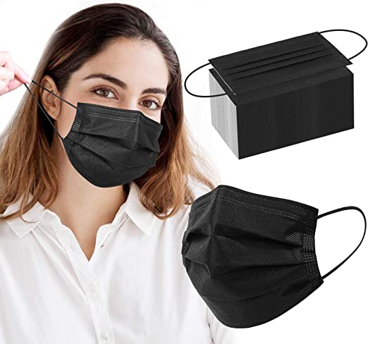 Black Face Mask Disposable Medical Grade Protective Masks(50PCS), 3 Layers Breathable Safety Mask with Nose Wire for Glasses Wearers Mouth Cover for Men & Women