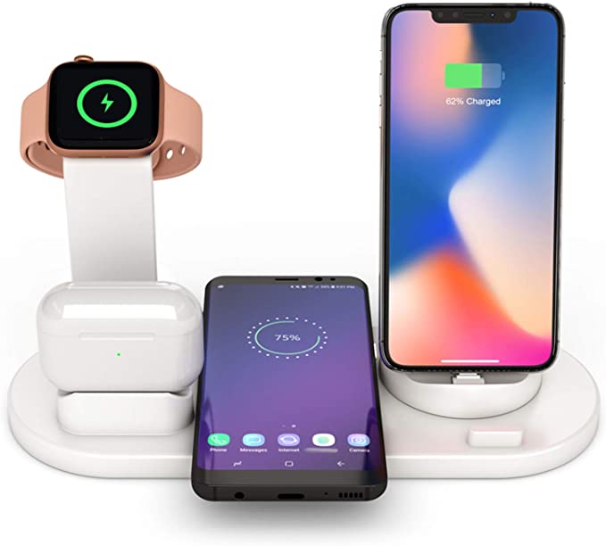 Decdeal Wireless Charger Stand 4 in 1, Qi-Certified Wireless Charger Station for Series 5/4/3/2/1, QI Phone Charger Fast Charging Dock for 12/11/X/XR/XS/Samsung