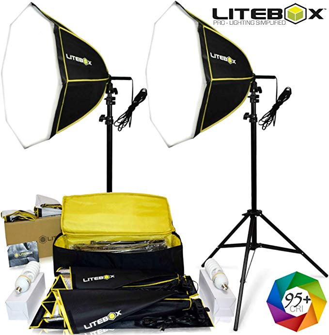 Professional Lighting Kit for Photography Photoshoots & Video Recording (15,000 Lumen) 95  CRI Output - Premium Octagon softbox Studio Lights w/Stands & Travel Bag! - (Set of 2) by LITEBOXPHOTOGRAPHY