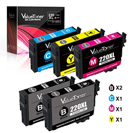 Valuetoner Remanufactured Ink Cartridge Replacement 5 Pack for Epson 220 220XL Ink for Epson WorkForce WF-2760,WF-2750,WF-2630,WF-2650,WF-2660,XP-320,XP-420 Printer (2 Black 1 Cyan 1 Magenta 1 Yellow)