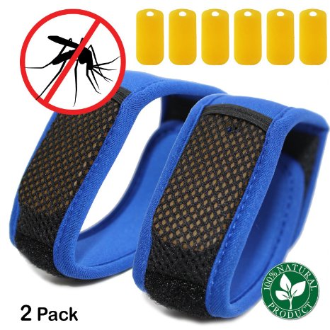 Natural Mosquito Repellent Bracelet Bands 6 Refills and 2 Bands - 100% Natural Insect Repeller, DEET Free, No Spray Pest Control Safe For Babies, Kids, Adults. Perfect for Outdoor. (Blue-Blue)