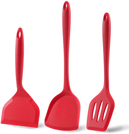 Silicone Turner Spatulas for Cooking 3 Pieces Set, Nonstick Kitchen Wok Turner, Large Wide Fish Spatula & Slotted Spatula for Burger Omelets, Pancake Egg Filpper Heat Resistant 480℉, Red