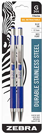 Zebra G-301 Stainless Steel Retractable Gel Pen, Medium Point, 0.7mm, Blue Ink, 2-Count