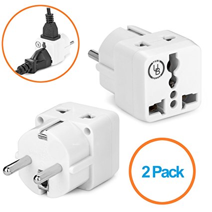 Yubi Power 2 in 1 Universal Travel Adapter with 2 Universal Outlets - Built in Surge Protector - 2 Pack - White - Shucko Type E / F for France, Germany, Spain, Sweden, Turkey, Ukraine and More!