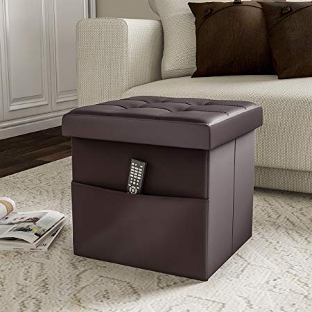 Lavish Home Foldable Storage Cube Ottoman with Pocket – Tufted Faux Leather Footrest Organizer for Bedroom, Living Room, Dorm or RV, Chocolate Brown