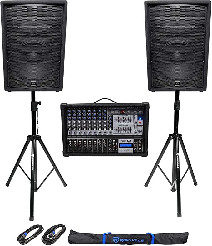 (2) JBL Pro JRX215 15" 2000w PA/DJ Speakers Powered 12-Channel Mixer Stands