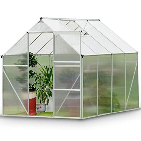 Giantex Walk-in Greenhouse Plant Growing Tent Large Green Garden Hot House with Adjustable Roof Vent, Rain Gutters Heavy Duty Polycarbonate Aluminum Frame (6.2’L x 8.2’D)