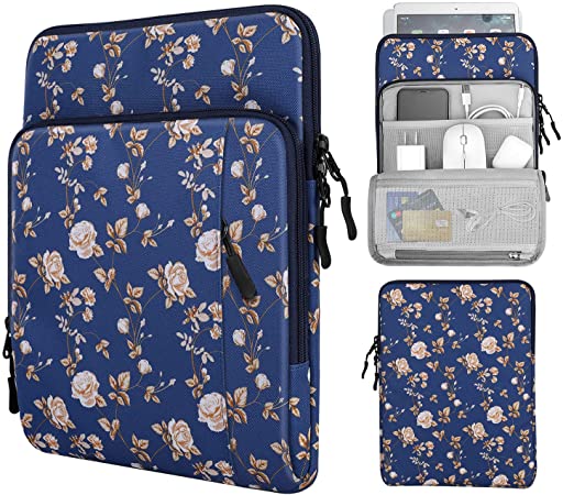 MoKo 9-11 Inch Tablet Sleeve Bag Carrying Case with Storage Pockets Fits iPad Pro 11, iPad 8th 7th Generation 10.2, iPad Air 4 10.9, Air 3 10.5, iPad 9.7, Galaxy Tab A 10.1, S6 Lite, S7 - Blue Flowers