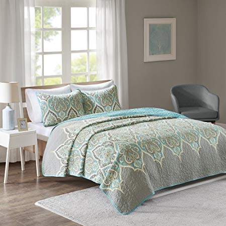 Comfort Spaces Mona Cotton Mini Quilt Set - 3 Piece - Paisley Pattern - Teal Grey - Full/Queen size, includes 1 Quilt, 2 Shams