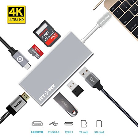 USB C Hub, IVYOCK USB-C Adapter Docking Station with Type C Charging Port, USB C to HDMI Output, SD / TF Card Reader, 3 USB 3.0 Ports for MacBook Pro / Chromebook and other Type-C Devices - Silver