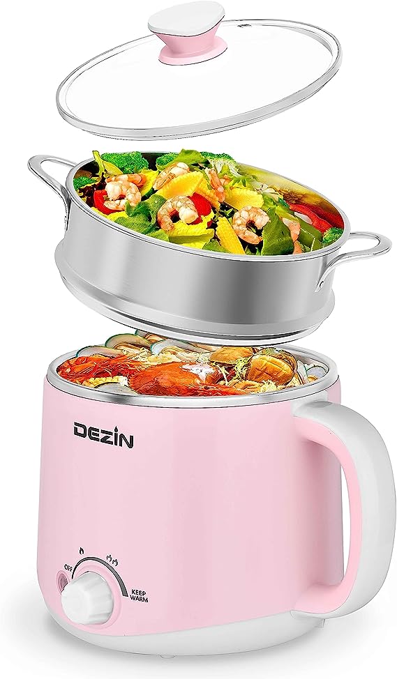 Dezin Hot Pot Electric with Steamer, Rapid Noodles Cooker, Stainless Steel Electric Pot 1.6 Liter, Perfect for Ramen, Egg, Pasta, Dumpling, Soup, Oatmeal with Temperature Control and Keep Warm Function