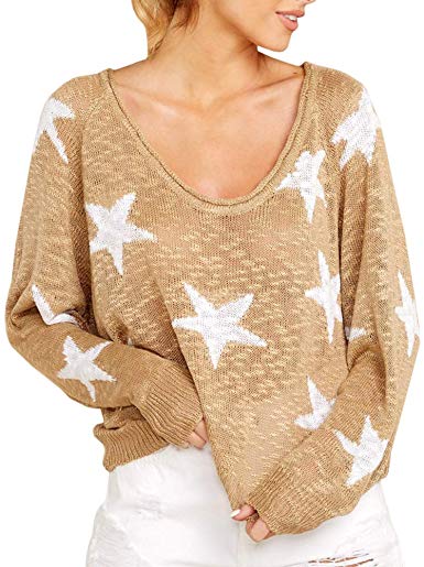 PAPOSON Women's Casual Boat V Neck Long Sleeve Star Knitted Sweater Lightweight Pullover Tops