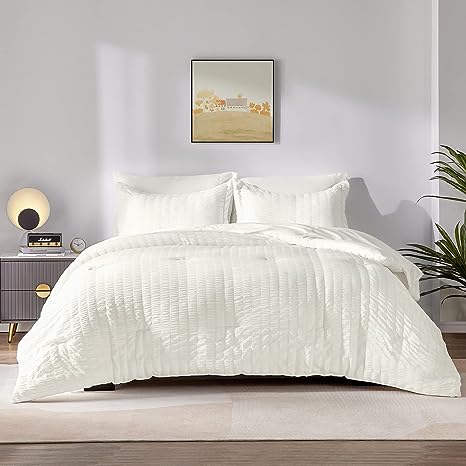 CozyLux Queen Seersucker Comforter Set with Sheets Ivory Bed in a Bag 7-Pieces All Season Bedding Sets with Comforter, Pillow Sham, Flat Sheet, Fitted Sheet, Pillowcase