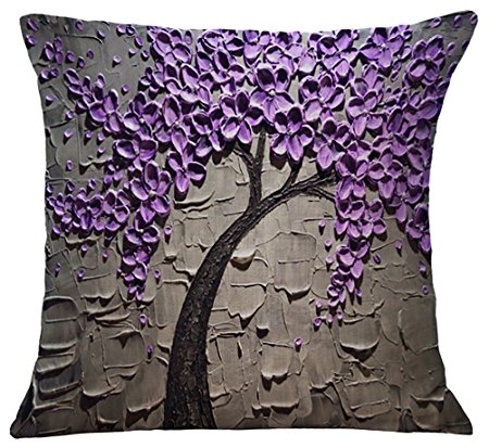 ChezMax Oil Painting Home Decorative Cotton Linen Throw Pillow Cover Cushion Case Square Pillowslip For Drawing Room Purple Flowers 18 X 18''
