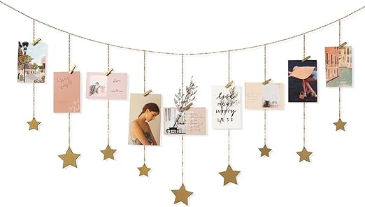 Mkono Hanging Photo Display Boho Decor Wooden Stars Garland with Metal Chains Picture Christmas Greeting Cards Holder with 25 Wood Clips Teen Girl Gift Room Wall Art for Bedroom Nursery Dorm, Gold