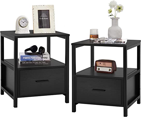 VECELO Nightstand Set of 2, Modern Square End Side Table, Night Stands with Drawer and Storage Shelf for Bedroom, Living Room, Study Metal Frame, 2 Pack, Black