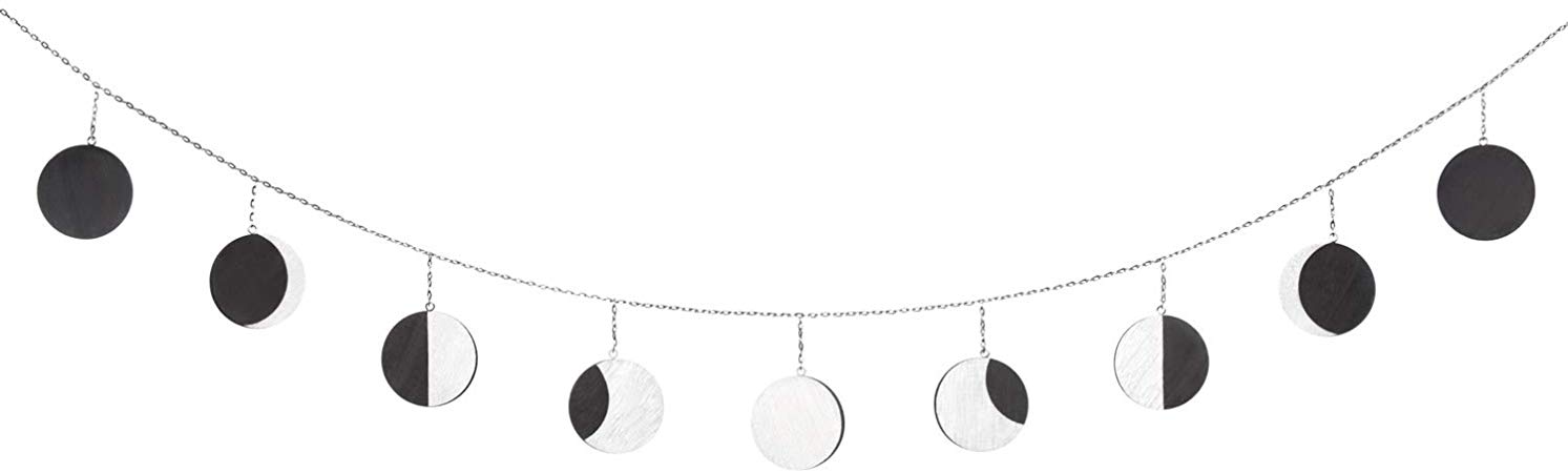 Mkono Wood Moon Phase Garland with Metal Chains Celestial Wall Phases, Boho Chic Bohemian Wooden Wall Decor - Apartment Dorm Office Nursery Living Room Bedroom Window Decorative Art Ornaments,Silver