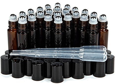 Vivaplex, 24, Amber, 10 ml Glass Roll-on Bottles with Stainless Steel Roller Balls. 3 - 3 ml Droppers included