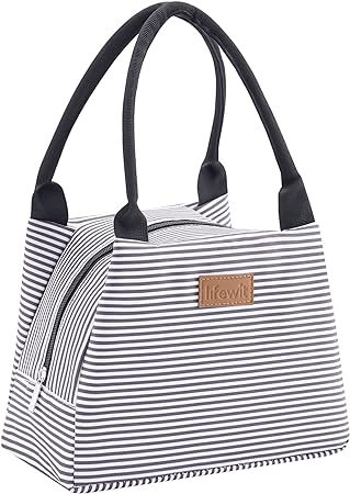 Lifewit Lunch Bag for Women Men Medium, Insulated Lunch Box, Reusable Lunch Tote Bag for Meal Prep, Work, Travel, Black-White Stripe