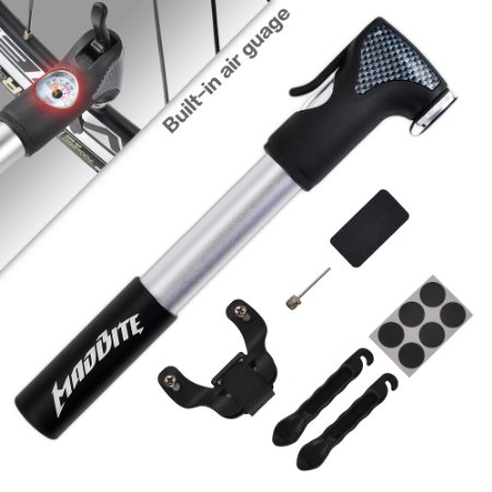 MadBite Mini Bike Air Pump 120PSI Telescopic, Compact & Portable Bicycle Frame Pump - Easy-Read Gauge BONUS 2 Tire Bars, 6-Piece Glueless Puncture Repair Kit, - Fits Presta and Schrader Air Valves