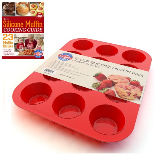 Silicone Muffin Pan and Cupcake Maker 12 Cup, Red, Plus Muffin Recipe Ebook