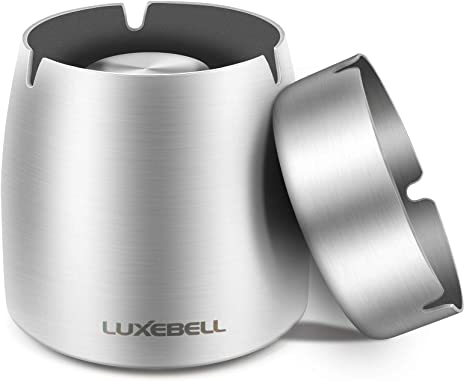 Luxebell Ashtray with Lid for Cigarettes Windproof Outdoor Ashtray Stainless Steel Home Table Office Large Silver