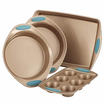 Rachael Ray Cucina 4-Piece Bakeware Set, Latte Brown with Agave Blue Handle Grips