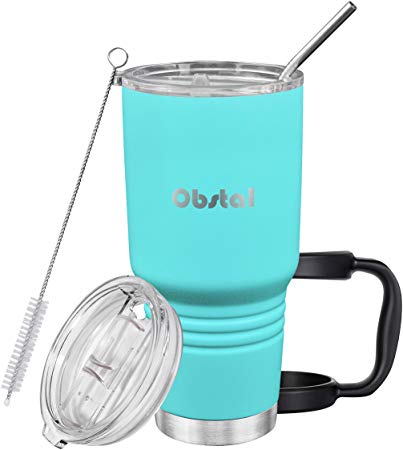 Obstal Stainless Steel Tumbler for Coffee - Double Wall Vacuum Insulated Tumblers with Straw, 2 Lids, Cleaning Brush and Handle (30 oz, Aqua Blue, Powder Coated)