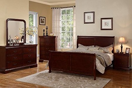 Poundex Louis Phillipe Bedroom Set Featuring French Style Sleigh Platform Bed and Matching Case Goods, Queen, Cherry