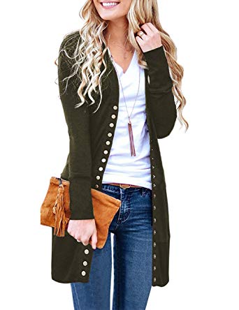 MEROKEETY Women's Long Sleeve Snap Button Down Solid Color Knit Ribbed Neckline Cardigans