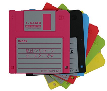 PHT Set of 6 Retro Floppy Disk Silicone Drink Coaster 3½-inch 1.44M Diskette Novelty Design Non-slip "I Am a Silicone Coaster" in English, Chinese, Japanese, German, French, Spanish