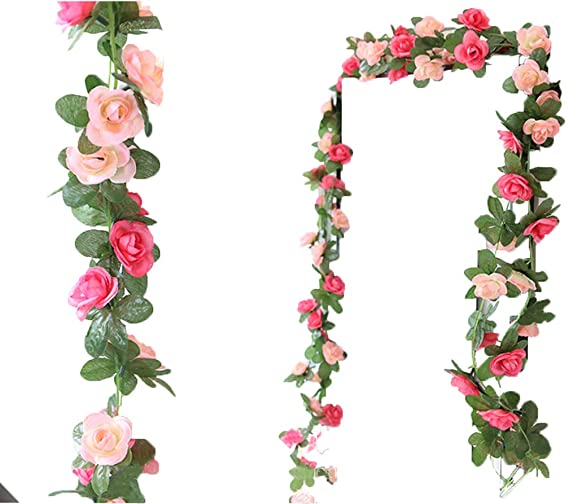 Lannu 2 Pack 16FT Artificial Rose Vine Small Flowers Fake Garland Ivy Flowers Silk Hanging Garland Plants for Home Wedding Party Decorations (RED Pink)