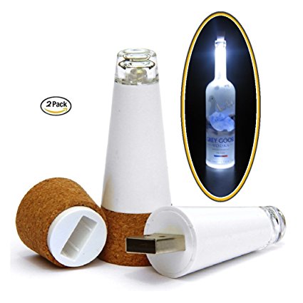 Spark LED Technology 12 Lumens Wine Bottle USB Rechargeable Cork Light, White, Set of 2