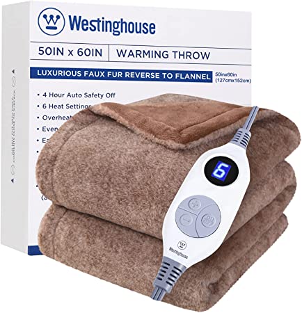 Westinghouse Electric Blanket Throw Heated Blanket, Faux Fur Heating Blanket, Machine Washable, 6 Heat Settings & 4 Hours Auto Off, 50x60 inch, Brown