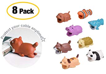 （8-Pack） Animal Bites Cable Protector Gift Set [ Cat. Clownfish, Hippo, Panda, Hedgehog, Raccoon, Orange Dog, Dot Shark] Cable Buddies for iPhone Lightning Cable