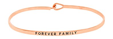 "FOREVER FAMILY" Sentimental Message Thin Brass Bangle Hook Bracelet for Loved Ones (Rose Gold)