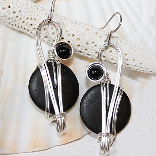 Long Black Earrings Semi-Precious Onyx Silver Wire Wrapped Lightweight Jewelry