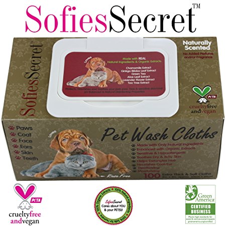 SofiesSecret Pet Wipes Dogs+Cats, All Purpose,100 Count, 100% Natural & Organic Extracts, Extra Thick, Ultra Soft, Extra Large, Hypoallergenic, Cruelty Free & Vegan