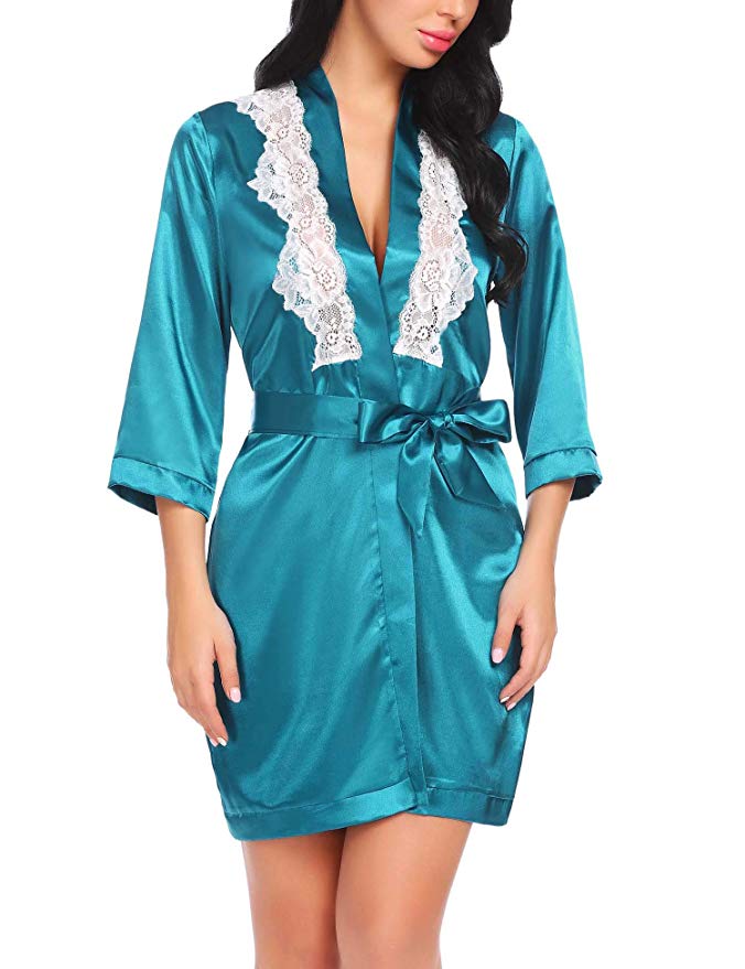 wearella Womens Short Robe Lace Trim Kimono Spa Knit Bathrobe Lightweight Loungewear Sleepwear Short