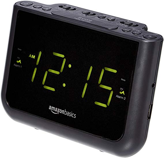 AmazonBasics FM Dual Alarm Digital Clock Radio with USB Charging Port, LED Display