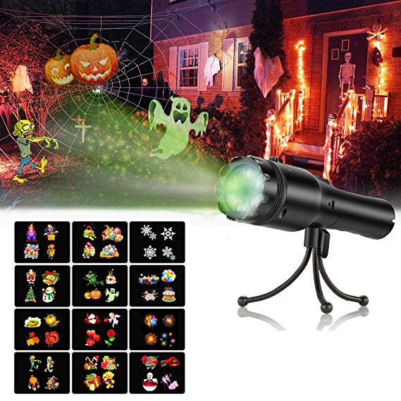 Holiday LED Projector, SENDOW 12 Slides Decorative Lights for Halloween/Christmas/Birthday Party Lights, Rechargeable Handheld Flashlight with Tripod
