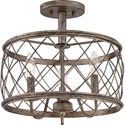 Dia15.57 Inch Trellis Cage Semi Flush Mount Ceiling Light - 3 Light Openwork Lantern Industrial Style Antique Mesh Wire French Country Lamp (Aged Silver)