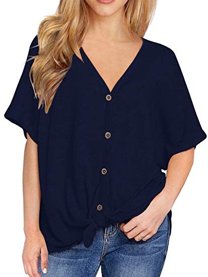 Viishow Womens Waffle Knit Tunic Blouse Short Sleeve V Neck Button Down T Shirts Casual Tie Front Knot Henley Tops