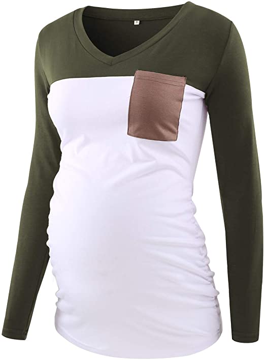 Ecavus Women's Casual Maternity Tops Short & Long Sleeve V Neck Colorblock Pregnancy T-Shirt with Pocket
