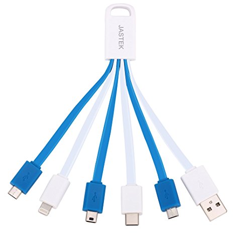 JASTEK 5 in1 Finger Ring Multi USB Charging Cable with C Cable,Mini,Micro,and 8-pin Cables(1 piece White with Blue)