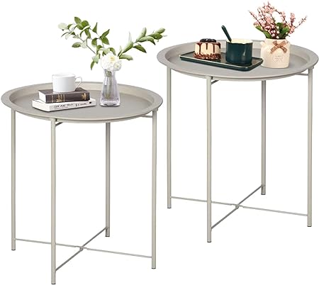 VECELO Side/End Table, Folding Round Metal Anti-Rust and Waterproof Outdoor or Indoor Tray for Living Room Bedroom Balcony and Office, 2 PCS, Grey