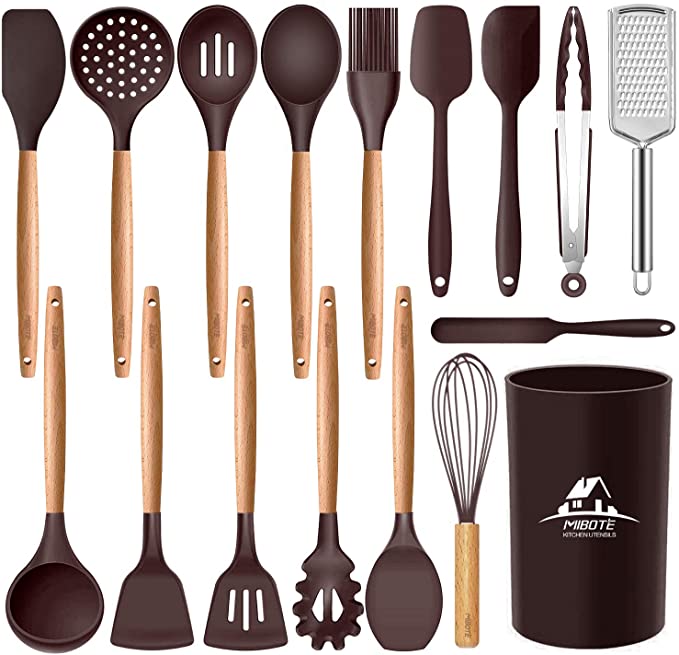 Mibote 17 Pcs Silicone Cooking Kitchen Utensils Set with Holder, Wooden Handles BPA Free Non Toxic Silicone Turner Tongs Spatula Spoon Kitchen Gadgets Utensil Set for Nonstick Cookware (Coffee)