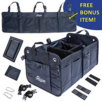 ONYXZER Trunk Organizer for Car and SUV Heavy Duty Collapsible Trunk Storage Organizer | Stainless Hooks - Straps and Non-Slip Bottom Strips to Prevent Sliding | Free Backseat Trunk Organizer