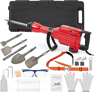 1700W Electric Demolition Jack Hammer with Case and Gloves, 1700 BPM, 3 Chisels Bit Chisels Bit Chipping W/Case, Gloves.